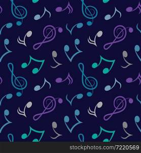 Violin key and musical notes sign colorful symbol seamless pattern on blue background. Vector illustration.