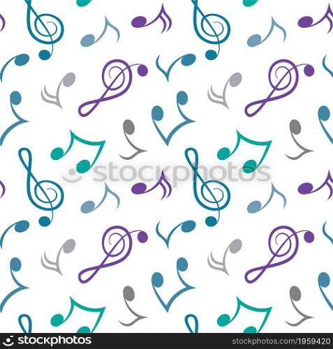 Violin key and musical notes sign colorful symbol seamless pattern on white background. Vector illustration.