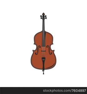 Violin or fiddle isolated wooden string instrument. Vector musical cello or viola, orchestra violoncello. Fiddle violin isolated string musical instrument