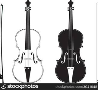 Violin Silhouette. Classic music violin with fiddle stick silhouette on white background.