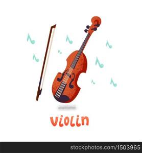 Violin. Vector illustration of a violin and notes in cartoon flat style with grain texture on a white background. Vector illustration. Violin. Vector illustration of a violin and notes in cartoon flat style with grain texture on a white background. Vector illustration.