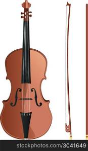 Violin with Bow. Classic violin with fiddle stick on white background.