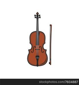 Violin with bow isolated musical instrument. Vector cello, orchestra violoncello, viola or double bass. Violoncello isolated violin fiddle with bow
