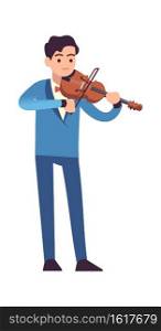 Violinist performance. Classic male musician in blue dress with violin plays melody, stringed musical instrument, acoustic music show entertainment concept flat vector cartoon isolated illustration. Violinist performance. Classic male musician with violin plays melody, stringed musical instrument, acoustic music show entertainment concept flat vector cartoon isolated illustration