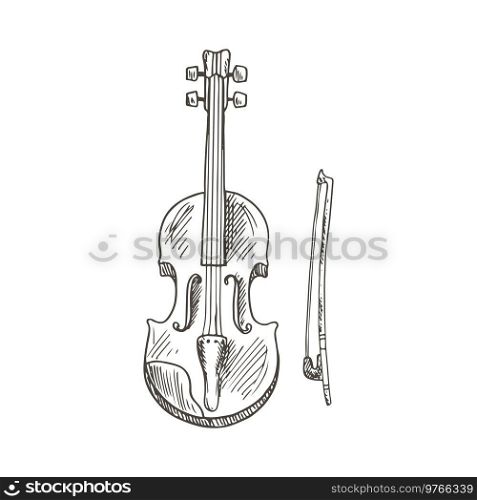 Violoncello isolated violin fiddle with bow sketch. Vector cello, orchestra viola or double bass. Violin with bow isolated musical instrument sketch