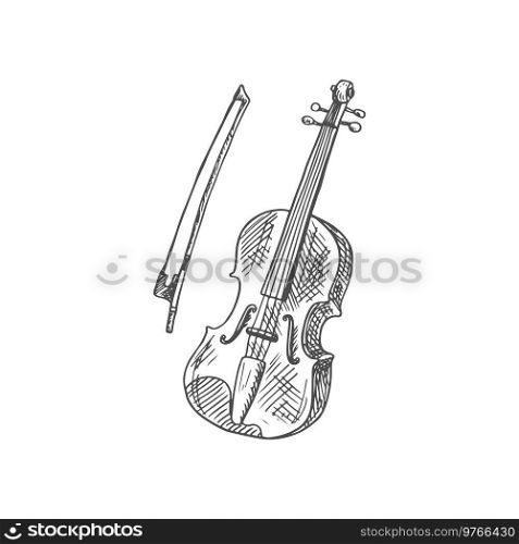 Violoncello isolated violin fiddle with bow sketch. Vector cello, orchestra viola or double bass. Violin with bow isolated musical instrument sketch