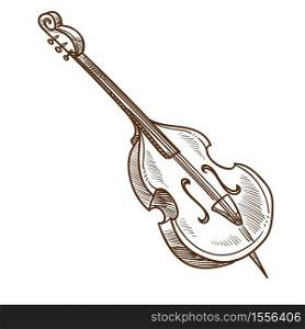 Violoncello musical instrument classic music performance vector isolated sketch cello with strings live sound symphonic orchestra equipment jazz concert melody notes and tunes playing show drawing. Musical instrument violoncello or cello classic music performance
