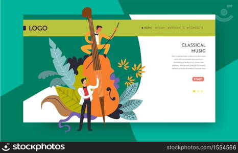 Violoncello playing classical music concert web page template vector musicians and cello online tickets order service performance melodies or symphonies orchestra musical instrument men in white suits.. Classical music concert violoncello and musicians web page template