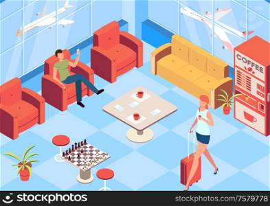 Vip airport waiting room isometric background with chess and coffee machine symbols vector illustration