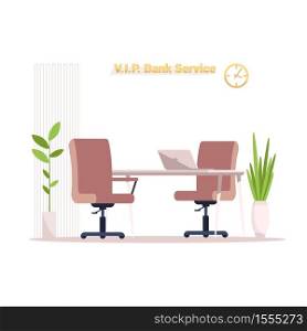 VIP banking service area semi flat RGB color vector illustration. Table with armchair for financial advisor. Desk and chair for waiting area isolated cartoon object on white background. VIP banking service area semi flat RGB color vector illustration