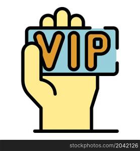 VIP card in hand icon. Outline VIP card in hand vector icon color flat isolated. VIP card in hand icon color outline vector