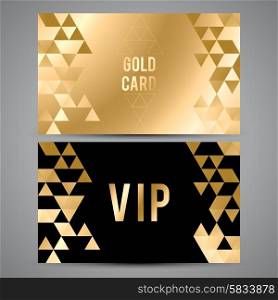 VIP cards. Black and golden design. Triangle decorative patterns.. Vector VIP premium invitation cards. Black and golden design. Triangle decorative patterns.