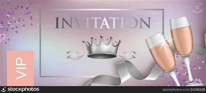 VIP invitation lettering with crown and goblets with champagne. Party invitation design. Typed text, calligraphy. For leaflets, labels, invitations, posters or banners.