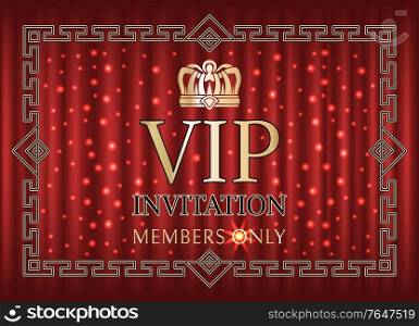 Vip invitation vector, crown and royal signs service for members only. Frame with golden elements, bokeh and red curtain, shining decoration glowing. Vip Invitation for Members Only, Golden Frame
