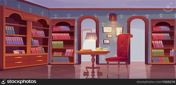 Vip library, luxury interior, empty room for reading with books stand on wooden bookcase shelves, cozy armchair and table with glowing lamp in center of athenaeum place. Cartoon vector illustration. Vip library, luxury interior, empty reading room