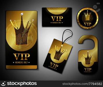 Vip member elements set with cards, label, token, design template in black golden colors isolated vector illustration. VIP Member Elements Design Template