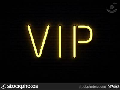 Vip neon sign. Elegant premium members club, luxury banner with golden fluorescent neons tube lamps on brick wall. Illuminated private royal casino room vip symbol vintage vector illustration. Vip neon sign. Elegant premium members club, luxury banner with golden fluorescent neons tube lamps on brick wall vector illustration