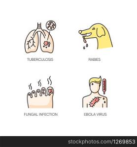 Viral and infectious diseases RGB color icons set. Tuberculosis, rabies, fungal infection and ebola virus. Medical diagnosis, virology. Dangerous illnesses isolated vector illustrations