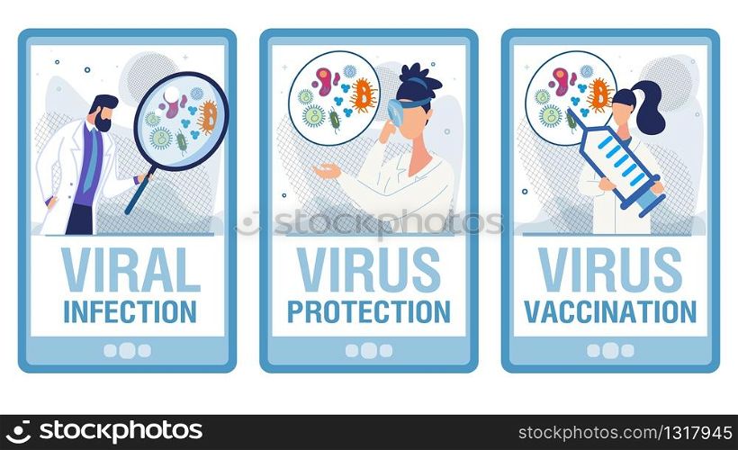 Viral Infection Diagnosis. Doctors in Uniform with Magnifying Glasses Researching Laboratory Tests, Offering Vaccine, Examining Throat with Frontal Reflector. Landing Page Set. Vector Illustration. Viral Infection Diagnosis Flat Landing Page Set