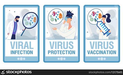 Viral Infection Diagnosis. Doctors in Uniform with Magnifying Glasses Researching Laboratory Tests, Offering Vaccine, Examining Throat with Frontal Reflector. Landing Page Set. Vector Illustration. Viral Infection Diagnosis Flat Landing Page Set