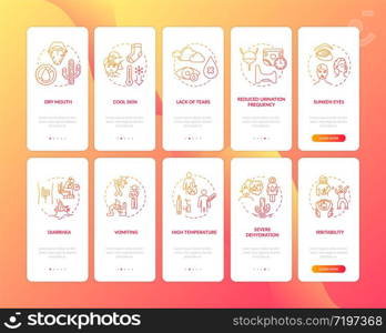 Viral infection symptoms onboarding mobile app page screen with concepts set. Rotavirus signs walkthrough 5 steps graphic instructions. UI vector template with RGB color illustrations