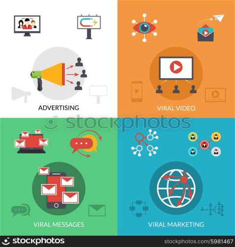 Viral marketing 4 flat icons square . Viral marketing strategic video and social networks mail 4 flat icons square banner abstract isolated vector illustration
