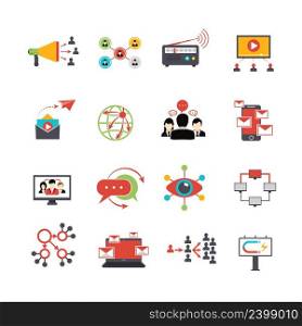 Viral marketing advertisement replicating technique via social media service technologies flat icons set abstract isolated vector illustration. Viral marketing technique flat icons set