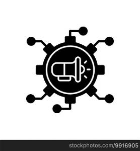 Viral marketing black glyph icon. Business strategy that uses existing social networks to promote company products or services. Silhouette symbol on white space. Vector isolated illustration. Viral marketing black glyph icon