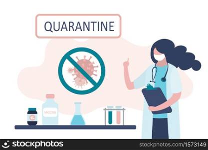 Viral quarantine concept. Female medical scientist warns of the spread of the virus. Doctor in uniform and mask,workplace desk. Trendy style vector illustration