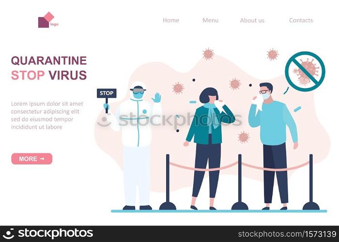 Viral quarantine landing page template. Sick masked people. Characters sneeze and cough. Virus covid-19. Doctor in special protective uniform holding board-stop. Disease and Epidemic Spread. Vector