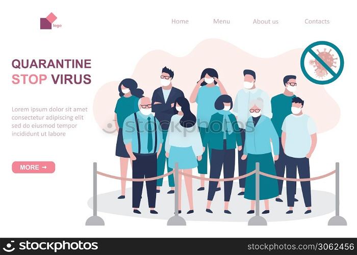 Viral quarantine landing page template, sick masked people. Group of infected people quarantined. Various Global Virus covid-19. Human characters in protective masks blocked. Pandemic spread. Vector