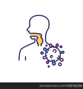 Viral sore throat RGB color icon. Influenza virus. Pharyngitis. Respiratory system infection. Throat scratchiness and irritation. Swollen lymph nodes. Infectious disease. Isolated vector illustration. Viral sore throat RGB color icon
