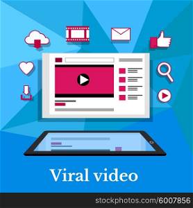 Viral video banner flat design. Viral marketing, viral video, virus and social media, social network and marketing, business and internet, media technology illustration