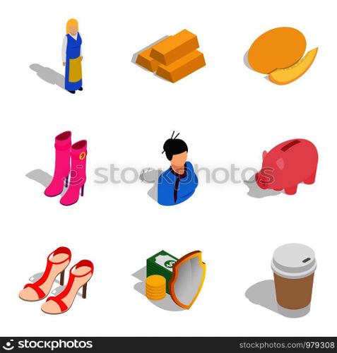 Virgin icons set. Isometric set of 9 virgin vector icons for web isolated on white background. Virgin icons set, isometric style