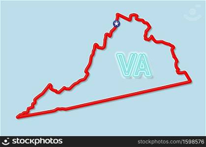Virginia US state bold outline map. Glossy red border with soft shadow. Two letter state abbreviation. Vector illustration.. Virginia US state bold outline map. Vector illustration