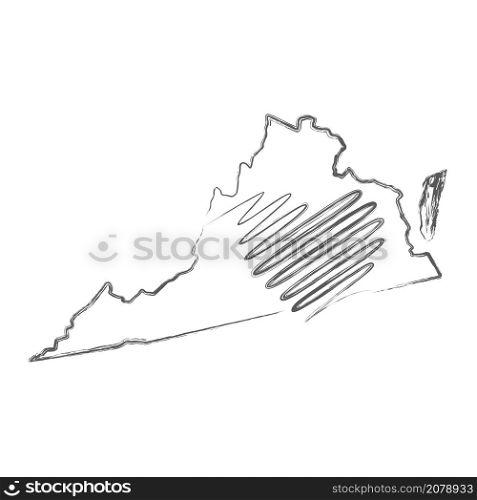 Virginia US state hand drawn pencil sketch outline map with heart shape. Continuous line drawing of patriotic home sign. A love for a small homeland. T-shirt print idea. Vector illustration.. Virginia US state hand drawn pencil sketch outline map with the handwritten heart shape. Vector illustration