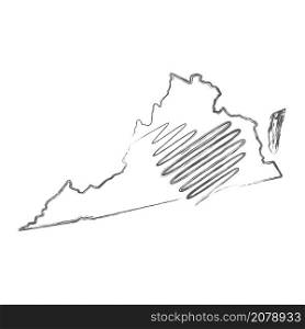 Virginia US state hand drawn pencil sketch outline map with heart shape. Continuous line drawing of patriotic home sign. A love for a small homeland. T-shirt print idea. Vector illustration.. Virginia US state hand drawn pencil sketch outline map with the handwritten heart shape. Vector illustration