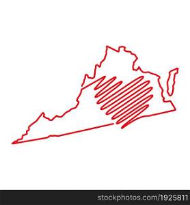 Virginia US state red outline map with the handwritten heart shape. Continuous line drawing of patriotic home sign. A love for a small homeland. T-shirt print idea. Vector illustration.. Virginia US state red outline map with the handwritten heart shape. Vector illustration