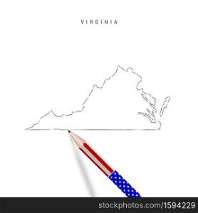 Virginia US state vector map pencil sketch. Virginia outline contour map with 3D pencil in american flag colors. Freehand drawing vector, hand drawn sketch isolated on white.. Virginia US state vector map pencil sketch. Virginia outline map with pencil in american flag colors