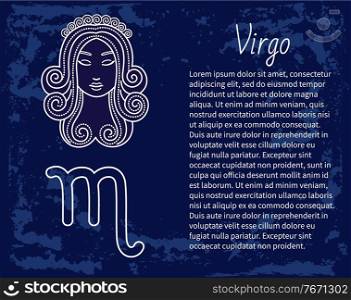 Virgo horoscope and zodiac sign decorative design in circle. Isolated icon of maiden in sketchy manner. Element for virgos or virgoans born in september and august months. Vector in flat style. Virgo Zodiac Sign of Horoscope, Astrology Symbol