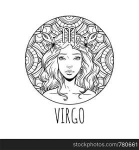 Virgo zodiac sign artwork, adult coloring book page, beautiful horoscope symbol girl, vector illustration