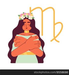 Virgo zodiac sign flat concept vector spot illustration. Attractive woman in wreath hugging shoulders 2D cartoon character on white for web UI design. Astrology isolated editable creative hero image. Virgo zodiac sign flat concept vector spot illustration