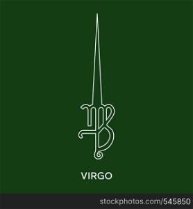 Virgo zodiac sign. Line style icon of zodiacal weapon sword. One of 12 zodiac weapons. Astrological, horoscope sign. Clean and modern vector illustration for design, web.