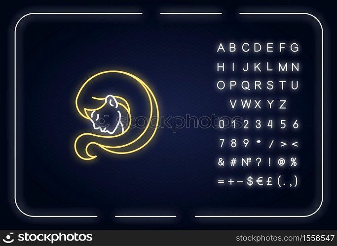 Virgo zodiac sign neon light icon. Outer glowing effect. Astrology, haircare fashion sign with alphabet, numbers and symbols. Young woman head with long hair vector isolated RGB color illustration. Virgo zodiac sign neon light icon