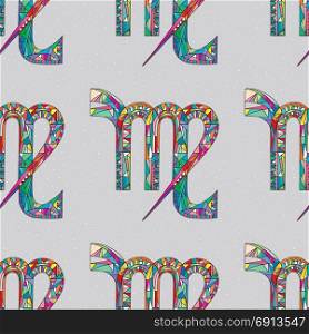 Virgo zodiac sign seamless pattern. Horoscope magic symbol background. Hand drawn astrological colorful vector texture for wallpaper, wrapping, textile design, surface texture, fabric.. Virgo zodiac sign seamless pattern. Horoscope magic symbol background. Hand drawn astrological vector texture for wallpaper, wrapping, textile design, surface texture, fabric.