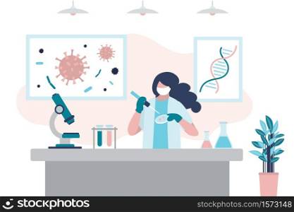 Virologist is researching a new virus, searching for antivirus and medication. Female scientist in uniform and mask. Viral laboratory interior. Vaccine search concept. Trendy style vector illustration