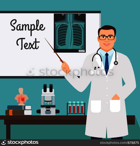 Virologist medical specialists with radiology on stand. Vector illustration. Virologist with radiology on stand