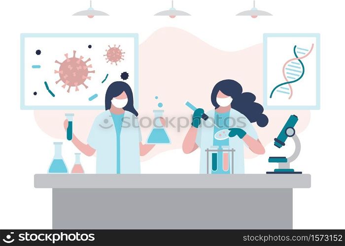 Virologists are researching new virus, searching for antivirus and medication. Two female scientists in uniform and protective mask. Viral laboratory workspace. Vaccine search concept. Vector illustration