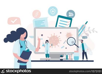Virologists is researching a new virus, searching for antivirus and medication. Group of scientists in uniform and protective masks. Modern viral laboratory. Vaccine search concept. Trendy style vector illustration
