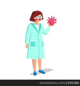 Virology Science Research Laboratory Worker Vector. Young Woman Researching Virus, Virology Scientist Experiment And Development. Character Virologist Girl In Lab Flat Cartoon Illustration. Virology Science Research Laboratory Worker Vector